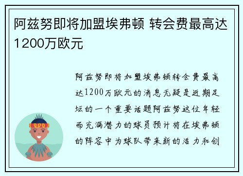 阿兹努即将加盟埃弗顿 转会费最高达1200万欧元
