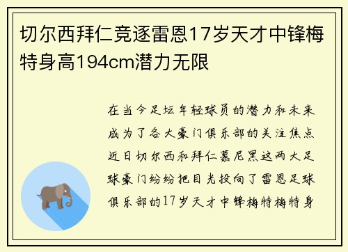 切尔西拜仁竞逐雷恩17岁天才中锋梅特身高194cm潜力无限