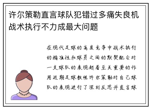 许尔策勒直言球队犯错过多痛失良机战术执行不力成最大问题